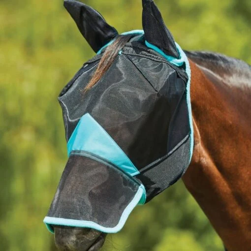 Weatherbeeta Comfitec Deluxe Fine Mesh Mask W/Ears & Nose - Black/Turquoise -Kensington Sales Shop 535663 800 800